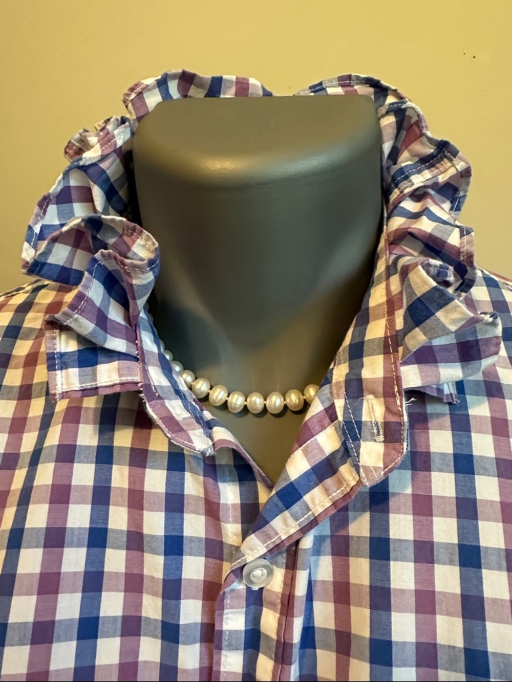 Goodthreads Purple & White Check Ruffle Collar Button-Down - Picture 2 of 7